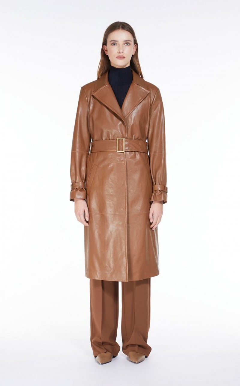 Max Mara Belt-adorned Nappa Overcoat Leather Braun | MMR594018