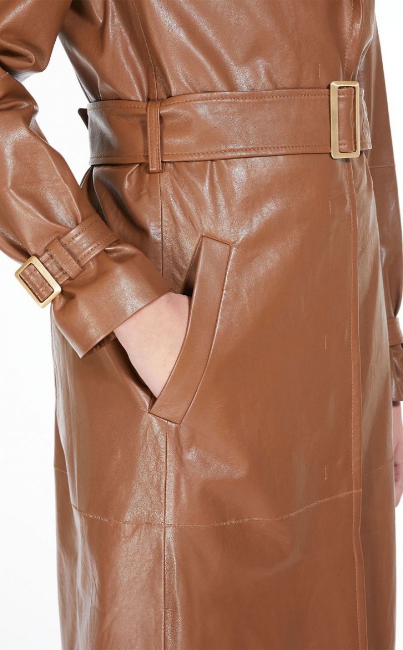 Max Mara Belt-adorned Nappa Overcoat Leather Braun | MMR594018