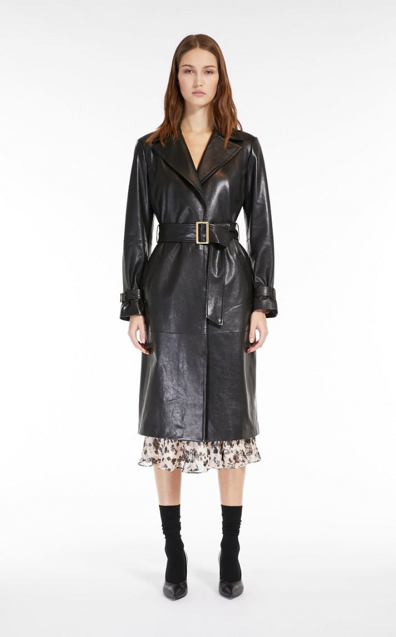 Max Mara Belt-adorned Nappa Overcoat Leather Schwarz | MMR594019