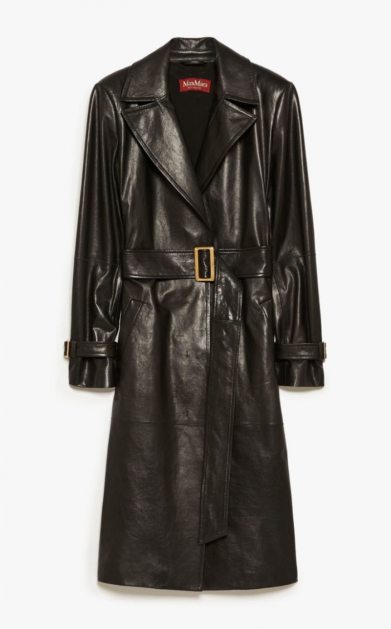 Max Mara Belt-adorned Nappa Overcoat Leather Schwarz | MMR594019