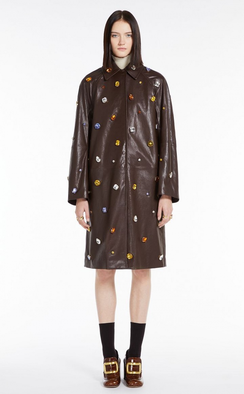 Max Mara Coat In Nappa With Crystals Leather Dunkelbraun | MMR594016