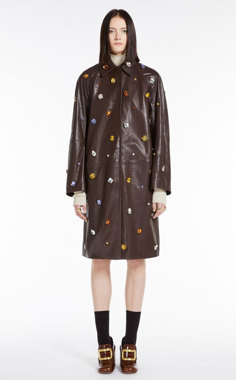 Max Mara Coat In Nappa With Crystals Leather Dunkelbraun | MMR594016