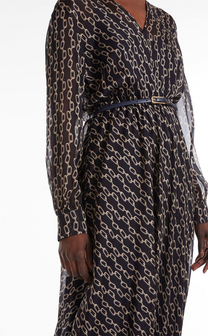 Max Mara Flowing, Printed Chiffon Kleid Navy | MMR593336