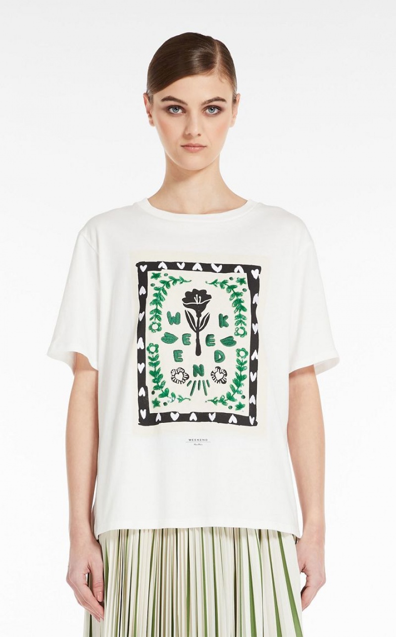 Max Mara Jersey With Print And Embroidery T-shirt Weiß | MMR593635