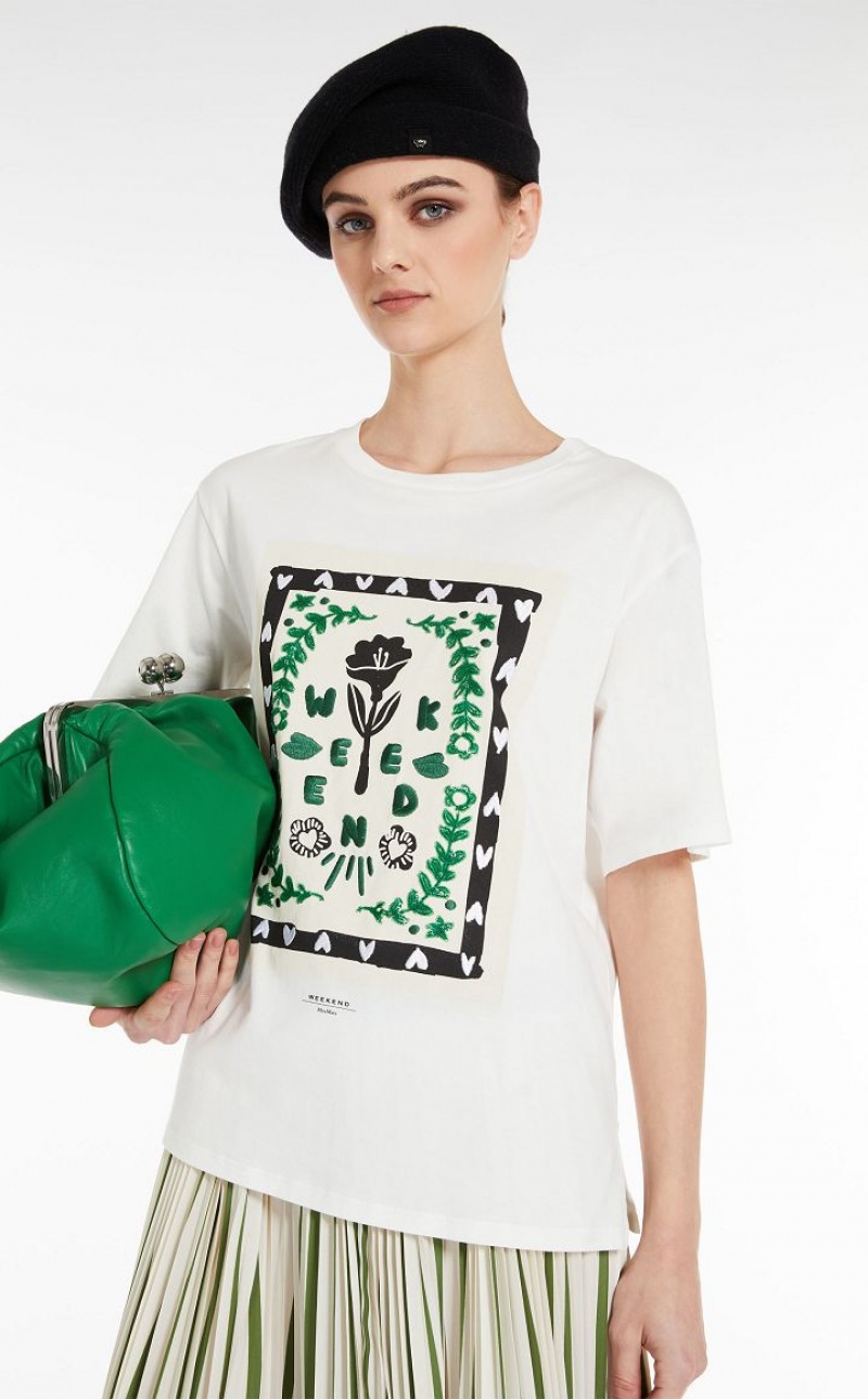 Max Mara Jersey With Print And Embroidery T-shirt Weiß | MMR593635