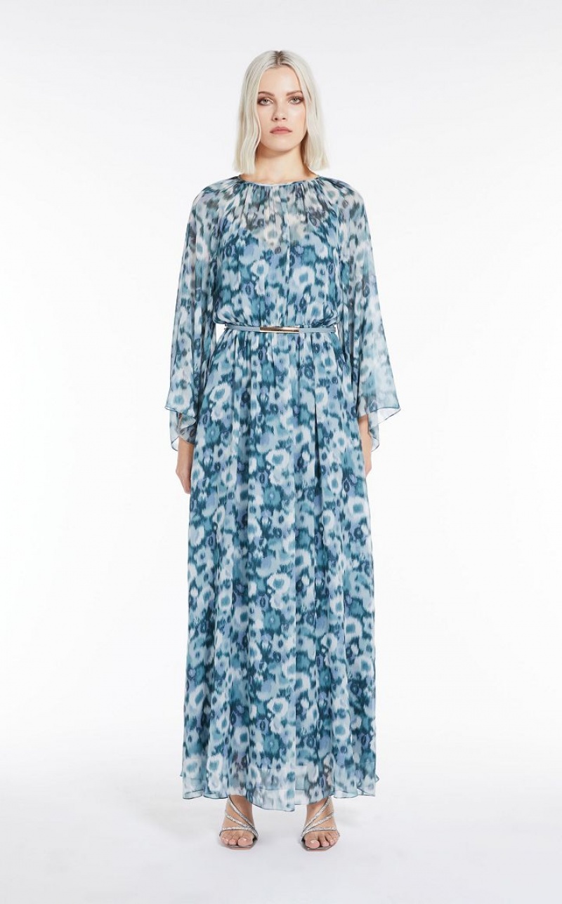 Max Mara Printed Georgette Kleid Hellblau | MMR593365