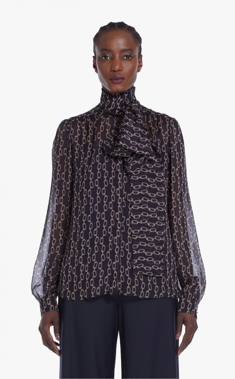 Max Mara Printed Silk Foulard Bluse Navy | MMR593626