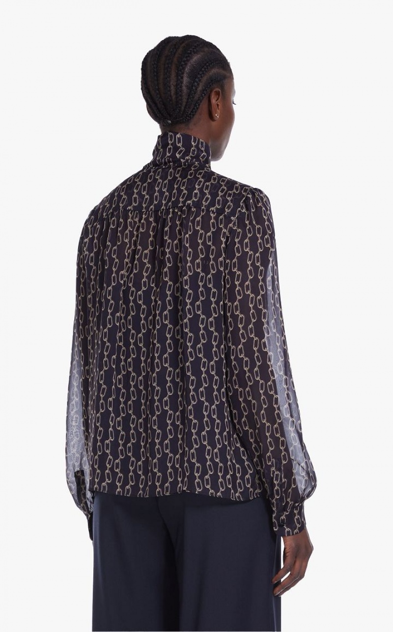 Max Mara Printed Silk Foulard Bluse Navy | MMR593626