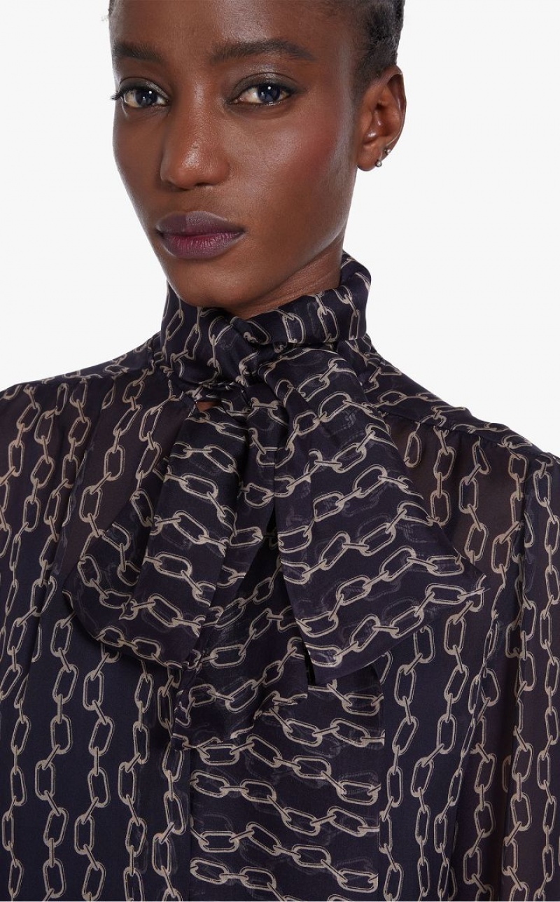 Max Mara Printed Silk Foulard Bluse Navy | MMR593626