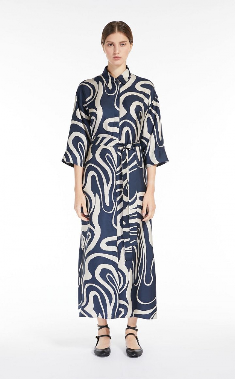 Max Mara Printed Silk Shirt Kleid Navy | MMR593377