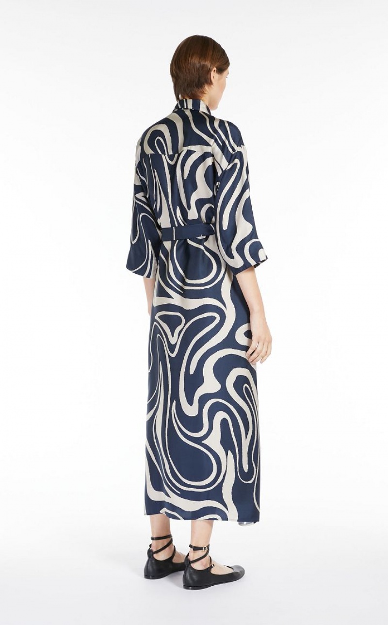 Max Mara Printed Silk Shirt Kleid Navy | MMR593377