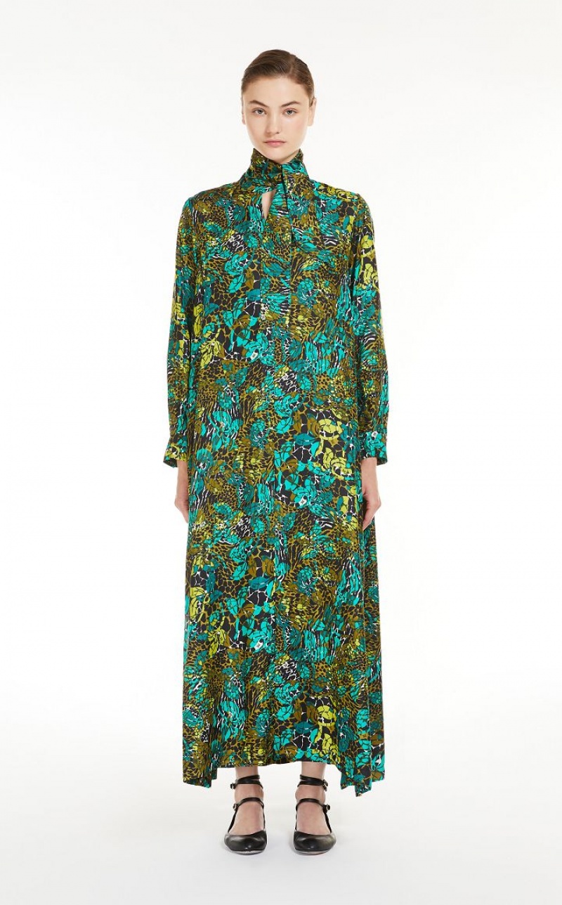 Max Mara Printed Silk Shirt Kleid Olivgrün Grün | MMR593360