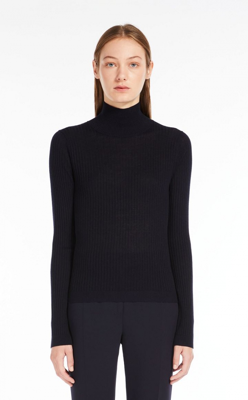 Max Mara Rib Wolle And Silk Polo-neck Strickwaren Navy | MMR593463