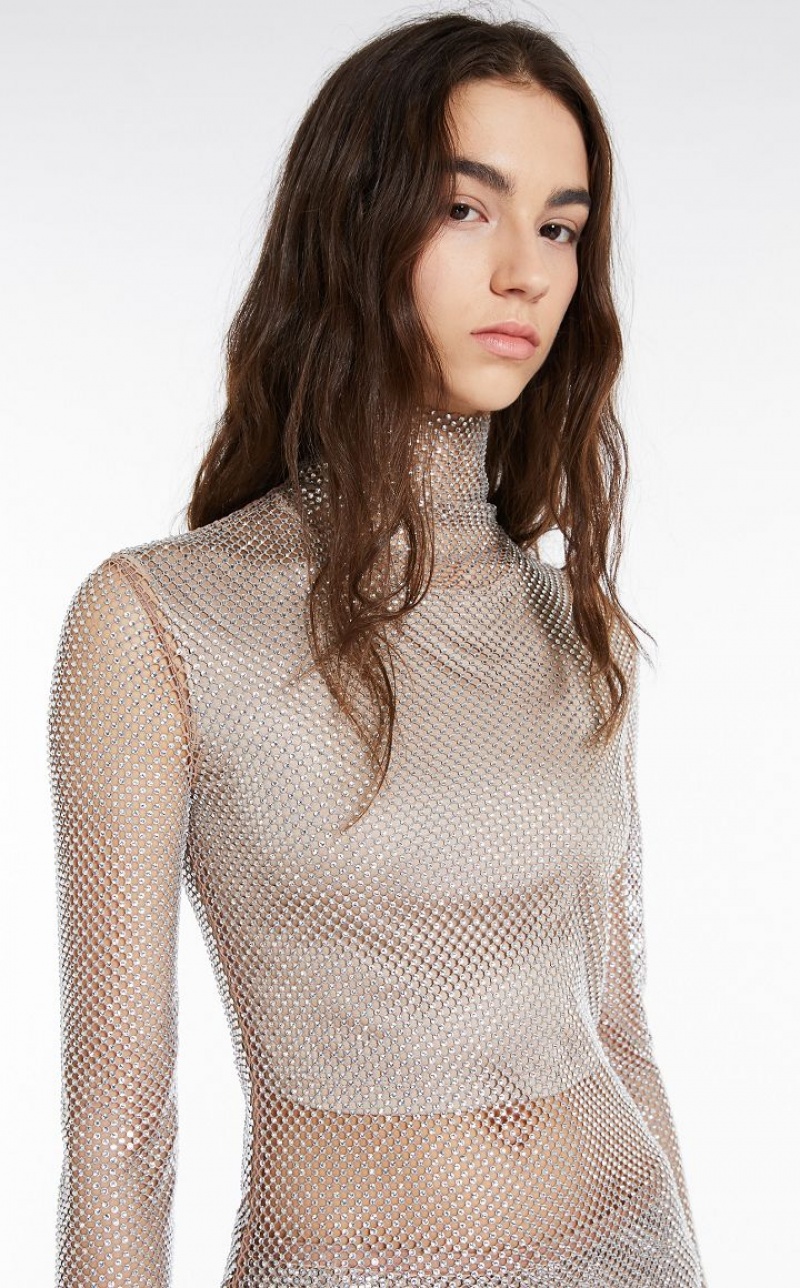 Max Mara Turtle Neck In Mesh With Rhinestones Oberteile Aprikose | MMR593633