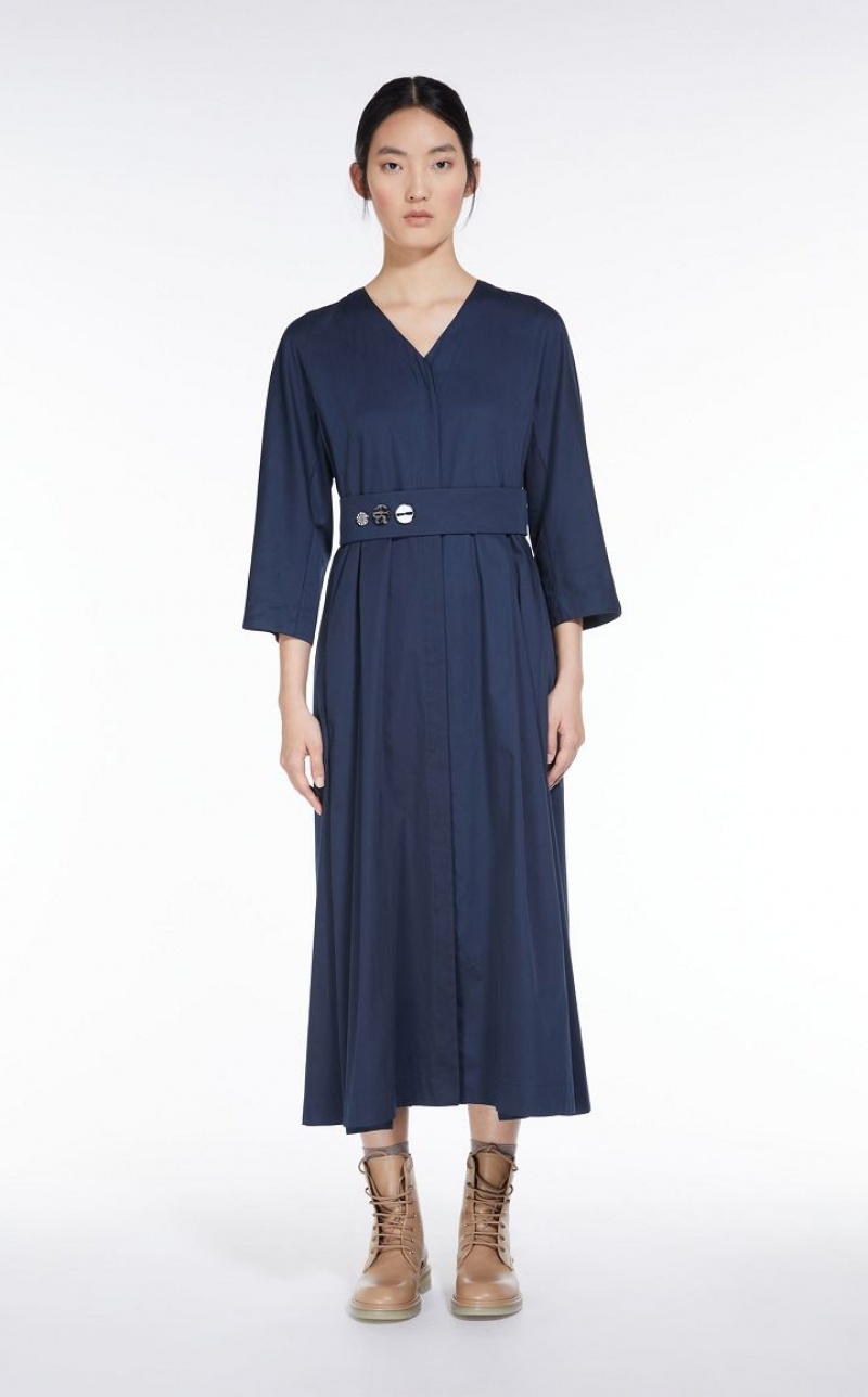 Max Mara Washed Baumwoll Satin Kleid Navy | MMR593366