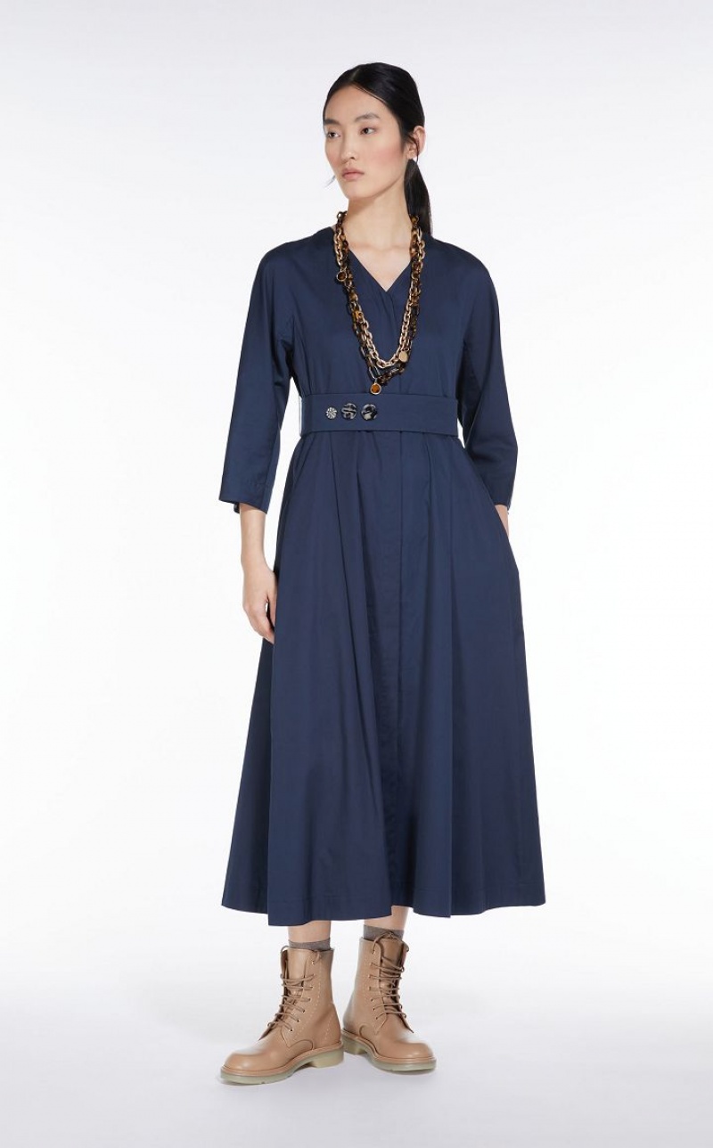 Max Mara Washed Baumwoll Satin Kleid Navy | MMR593366